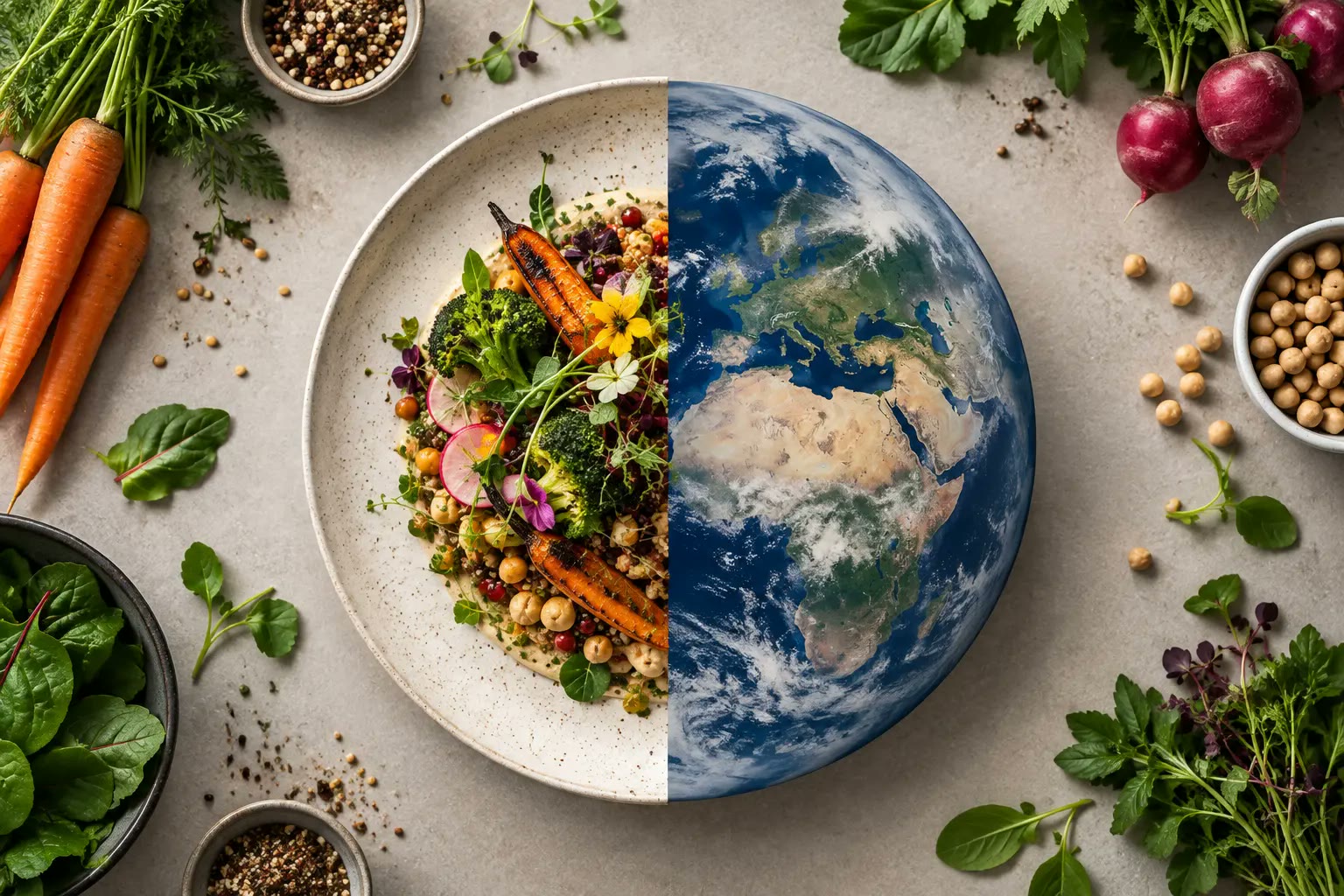 A plate of roasted vegetables and grains beside a globe on a kitchen table
