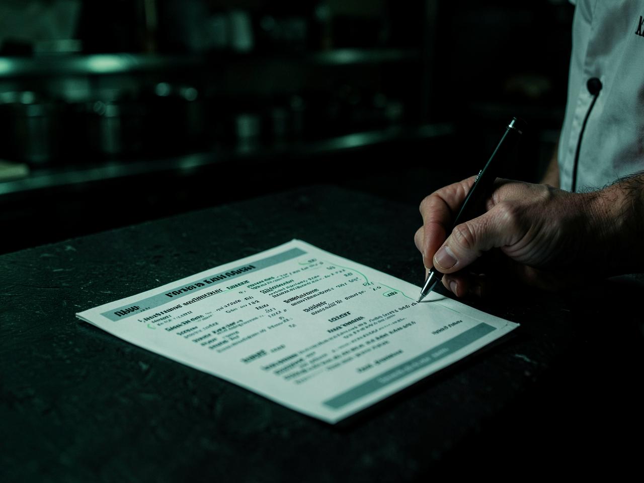 A chef annotating a printed lunch menu in a dark kitchen